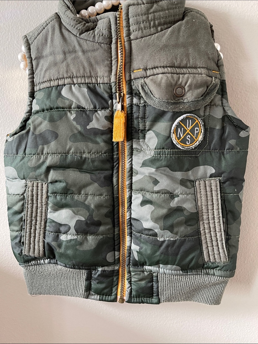 Boys Camouflage Puffer Vest with Yellow Zip Pull